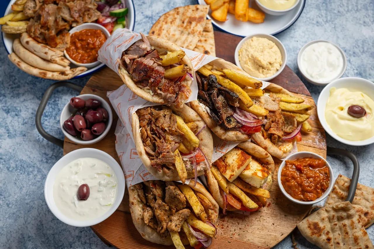 A selection of food from Greekos Gyros in Boxpark Shoreditch