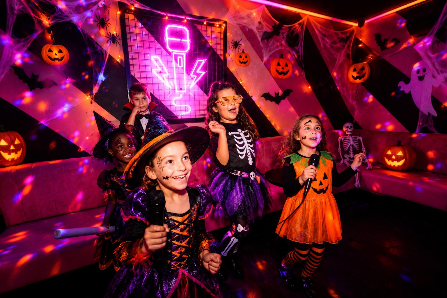 Kids in Halloween outfits singing karaoke at PLAYBOX