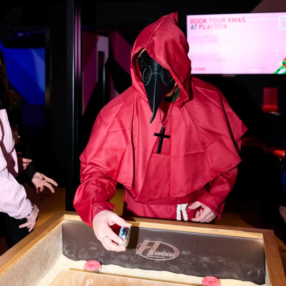 A guest dressed up for Halloween at PLAYBOX in Croydon