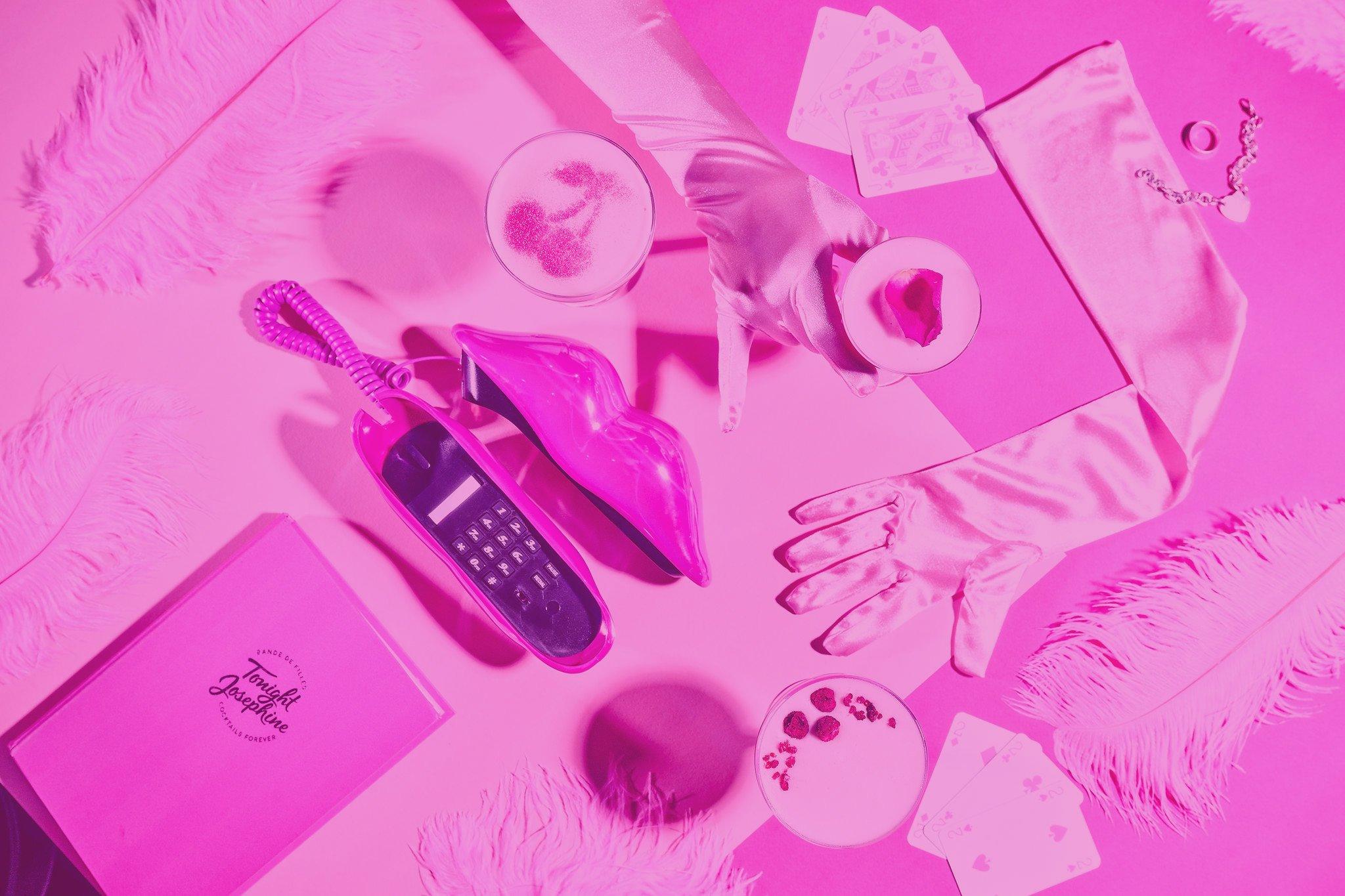 Pink Gloves, Menu, Phone and Cocktails on a Pink Background