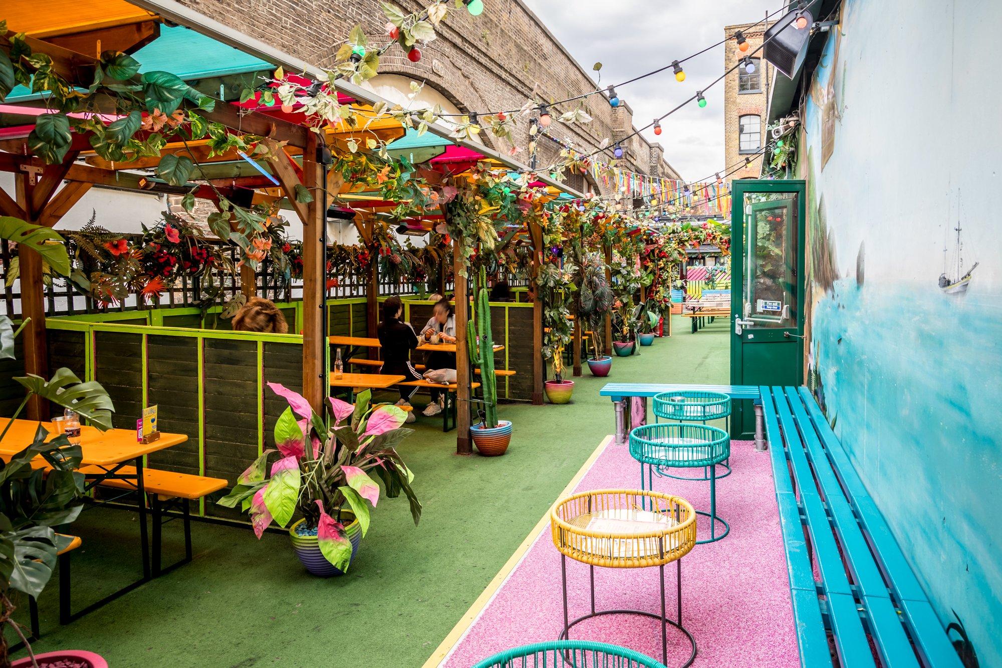 Colourful outdoor seating area in Barrio, Shoreditch