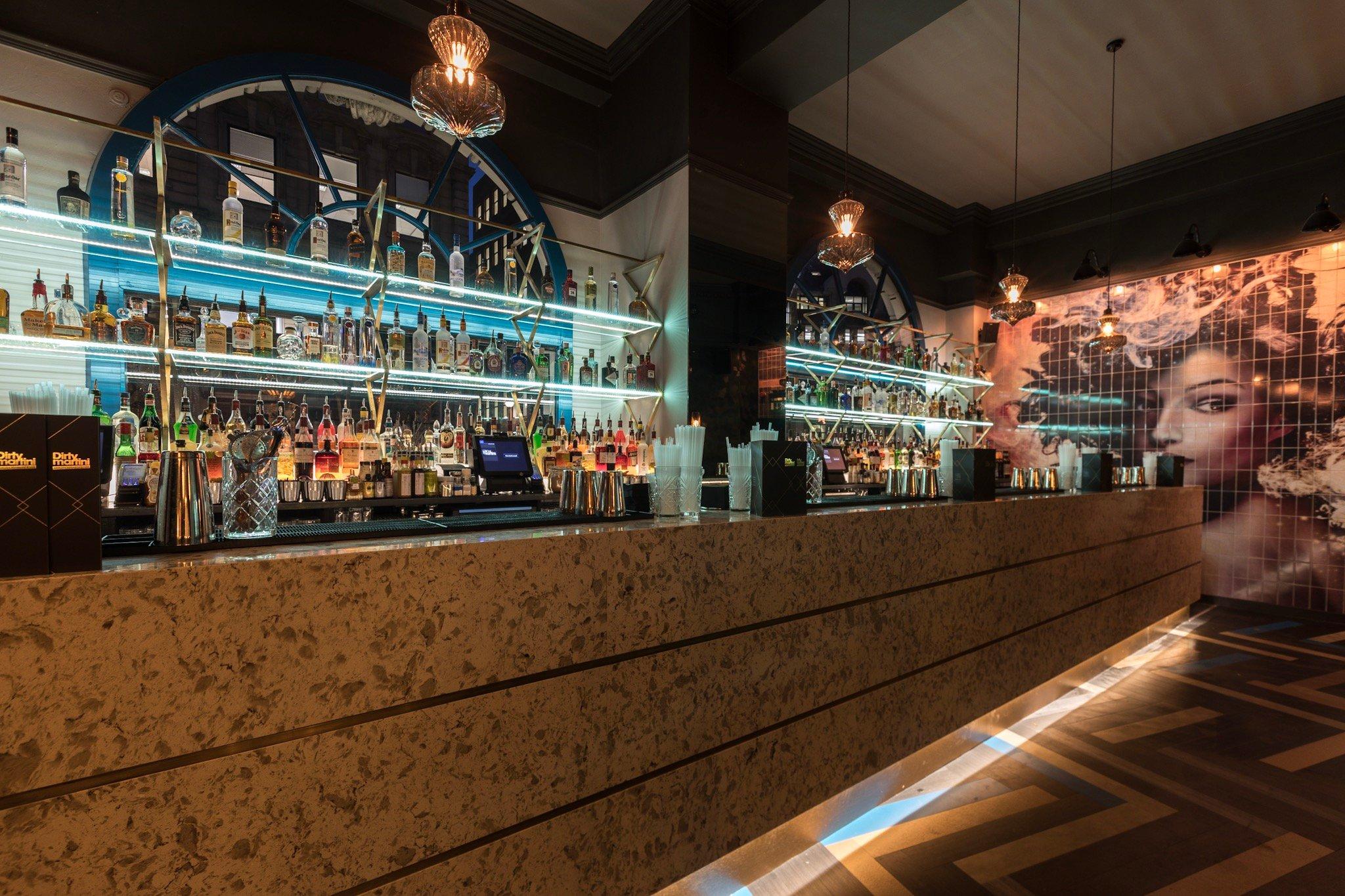 A marble effect bar area in Dirty Martini Leeds
