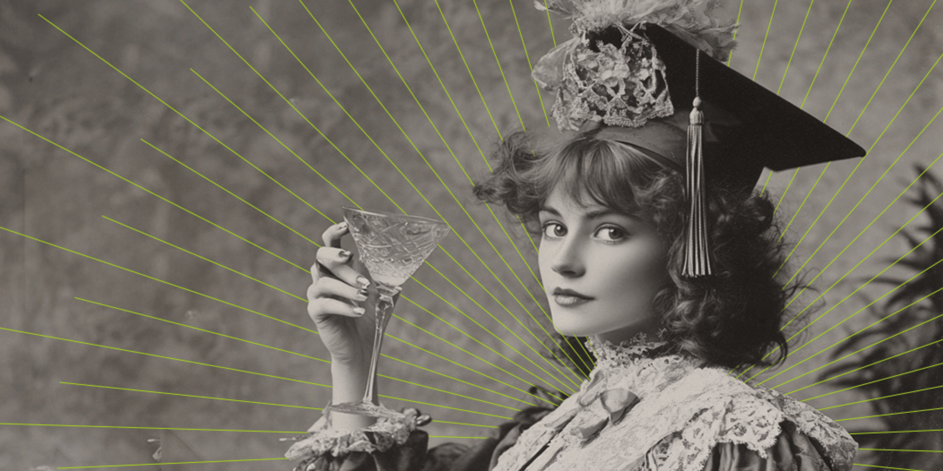A woman in a graduation cap sipping a cocktail