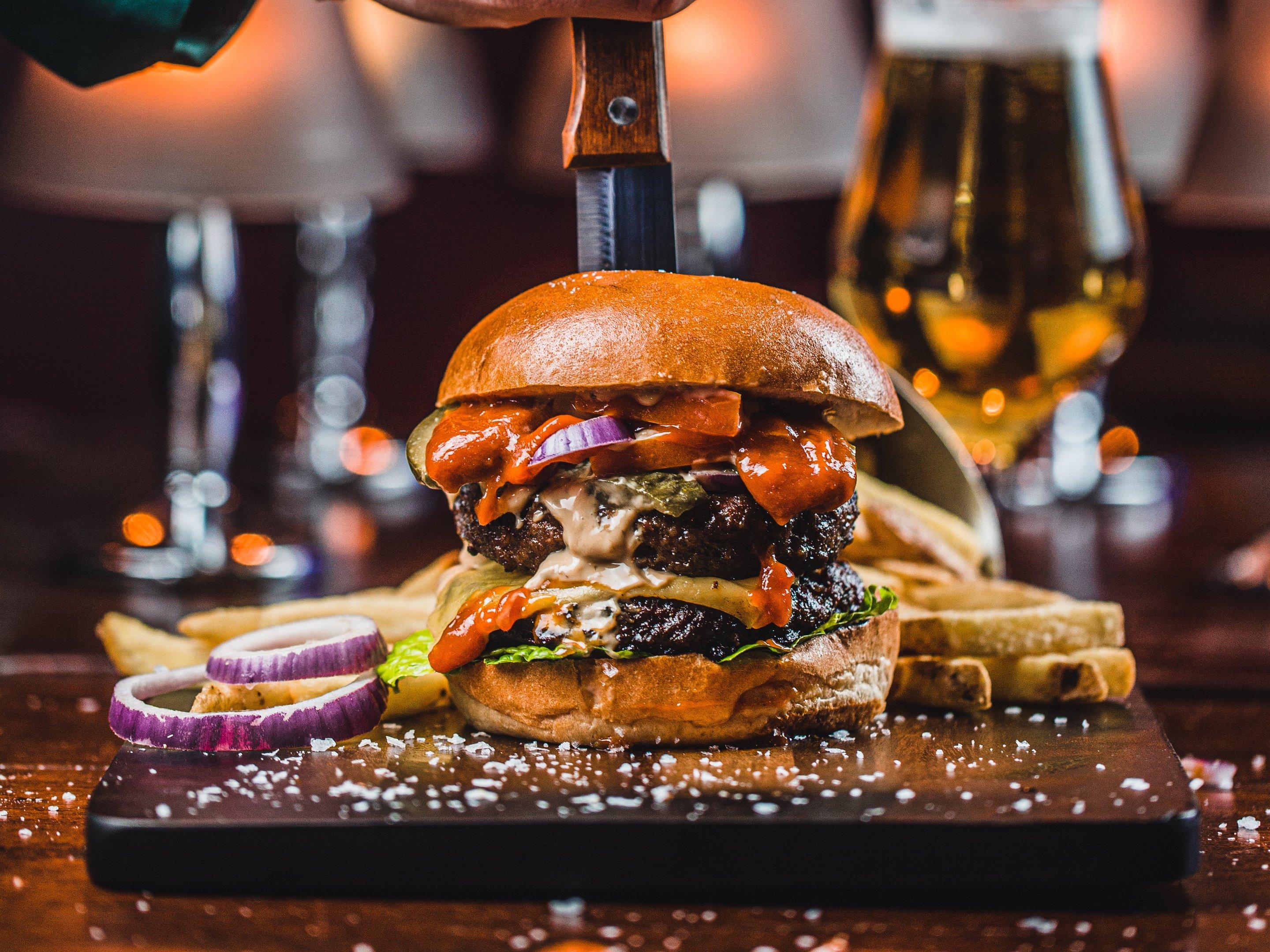 Shot of a burger at The Piano Works