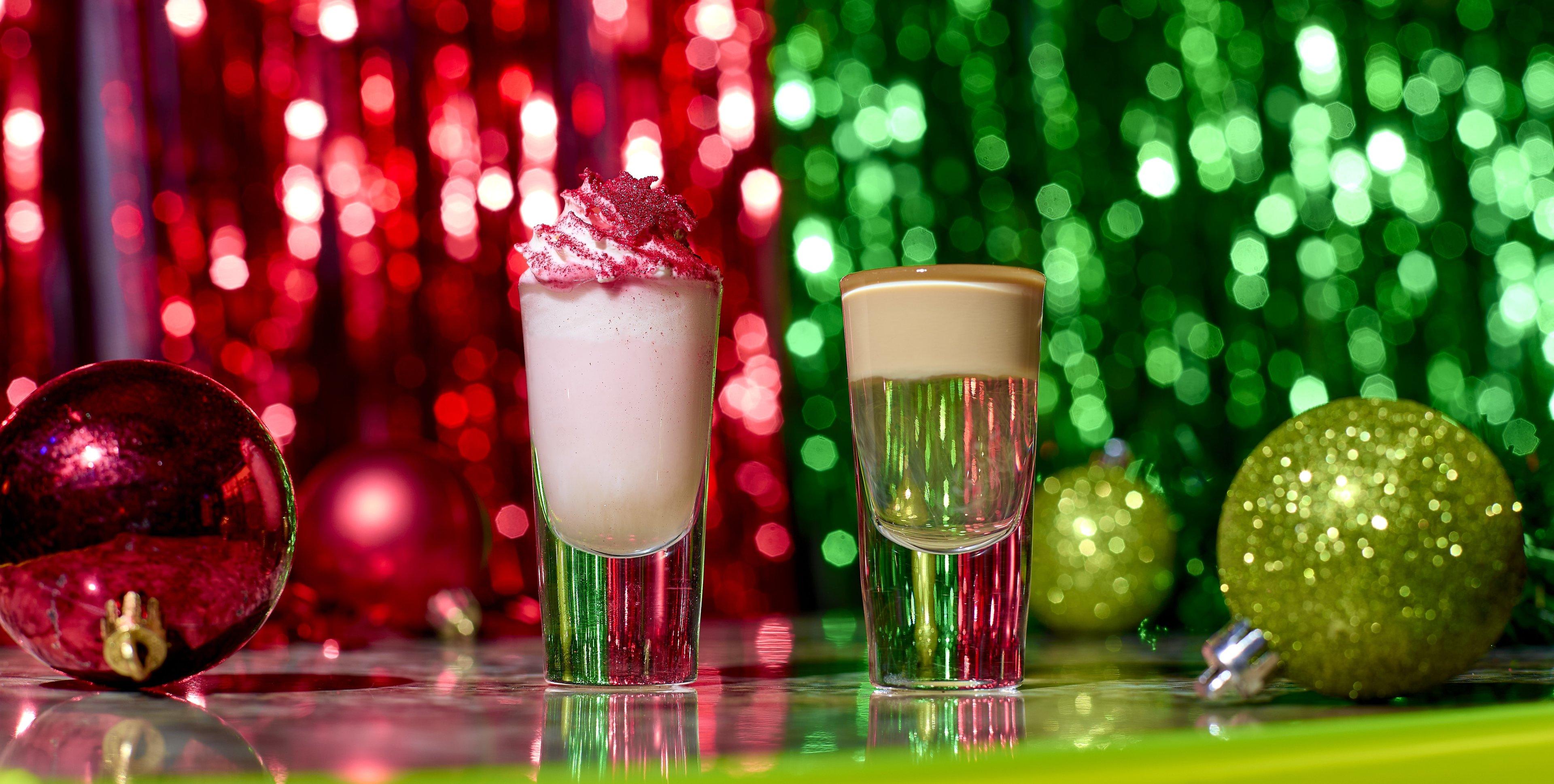 Two shots in front of green and red tinsel curtains