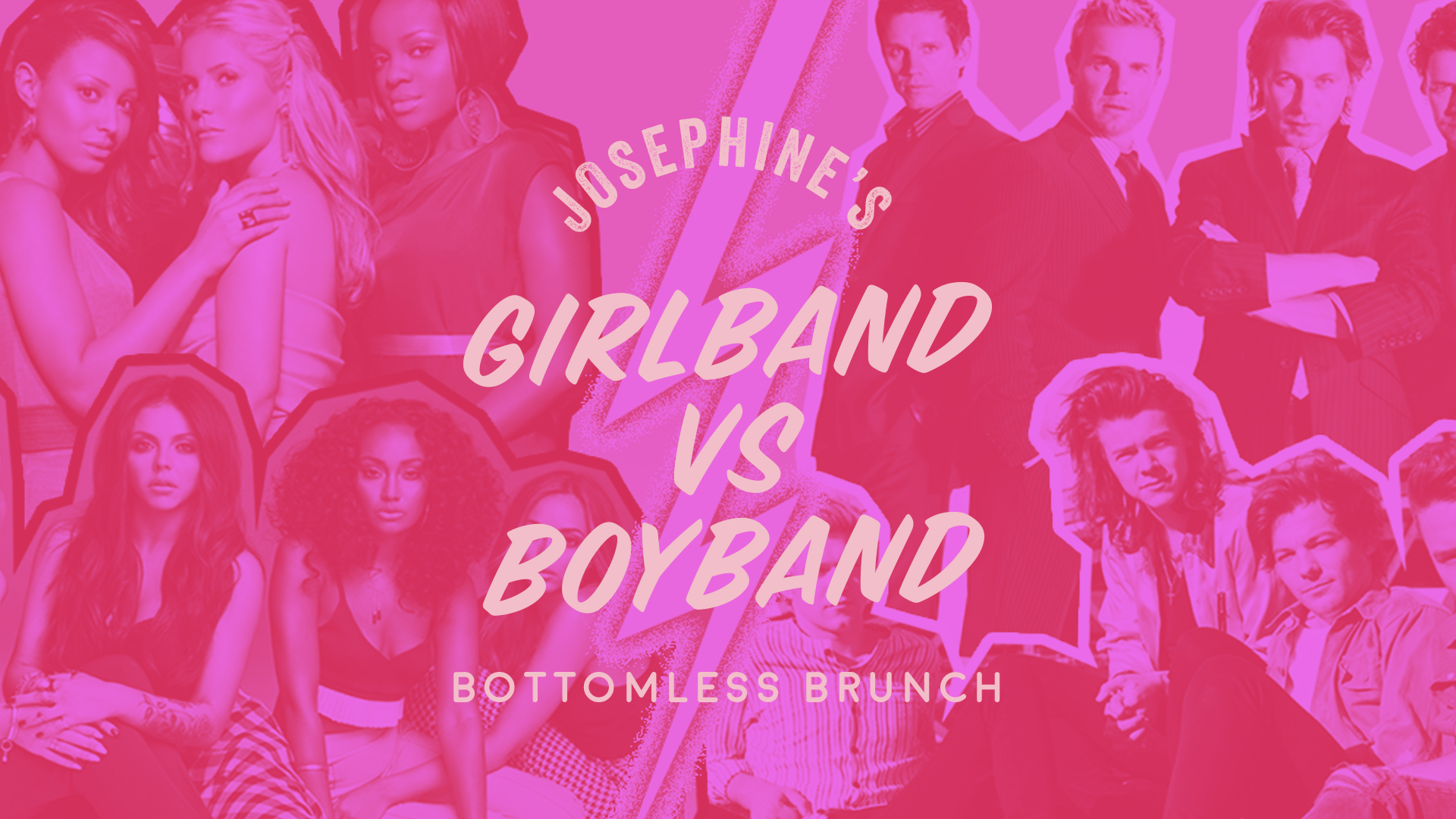 Josephine's Girlband vs Boyband Bottomless Brunch text on a pink background featuring iconic bands