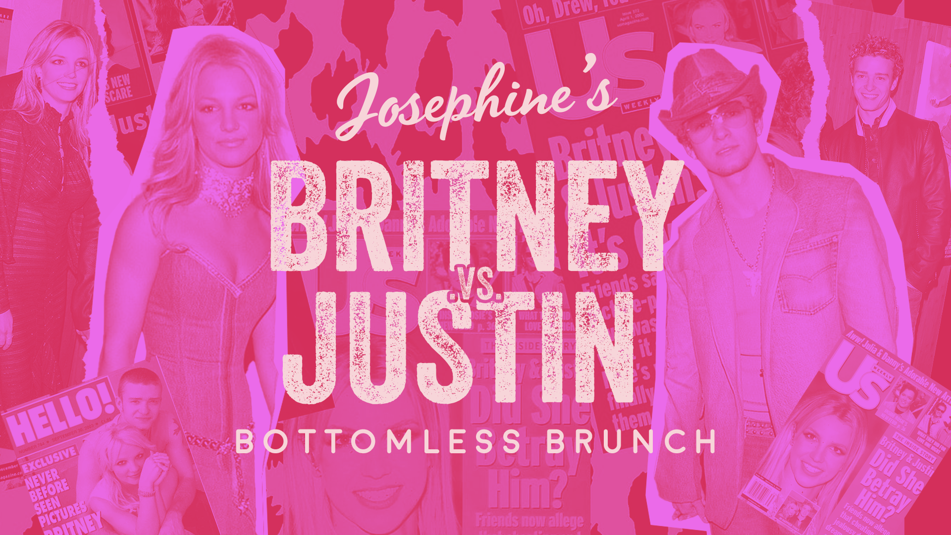 Josephine's Britney vs Justin Bottomless Brunch text on top of a collage of Britney and Justin images