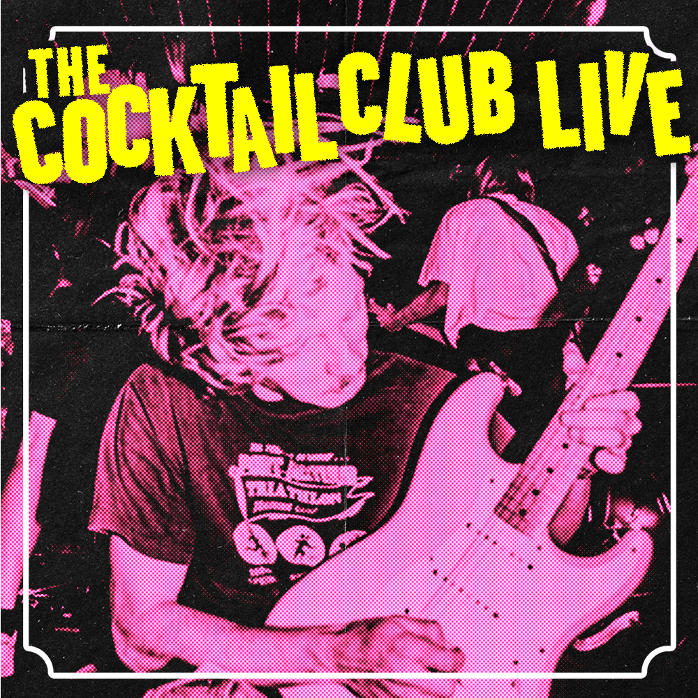 The Cocktail Club Live text over the top of an image of a guitarist playing in a bar
