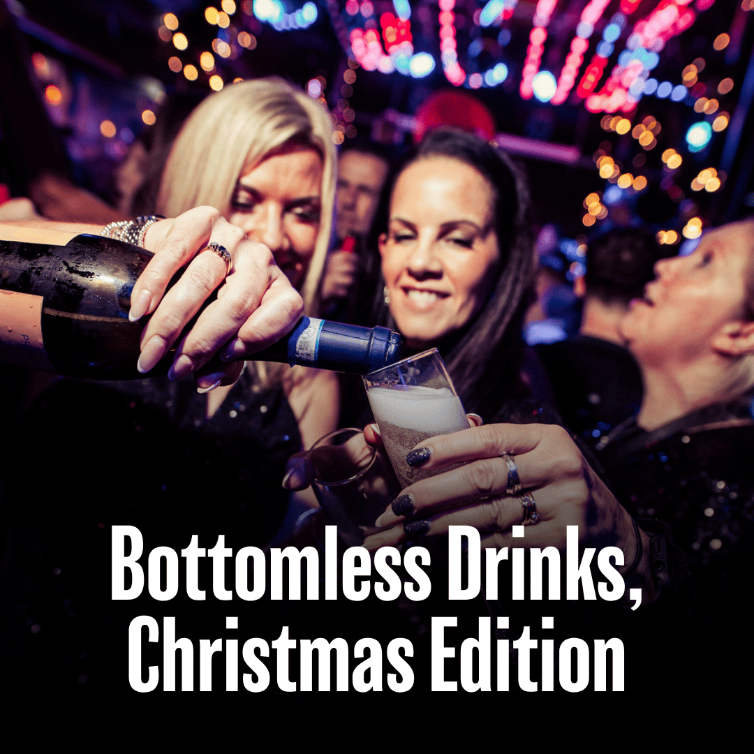 Friends toasting with prosecco at The Piano Works with the text Bottomless Drinks, Christmas Edition
