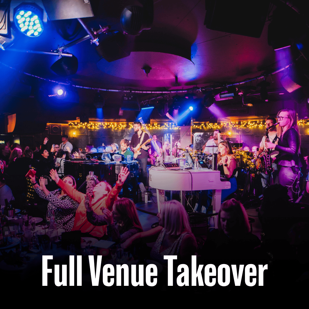 A packed room cheering the live band at The Piano Works with the text Full Venue Takeover