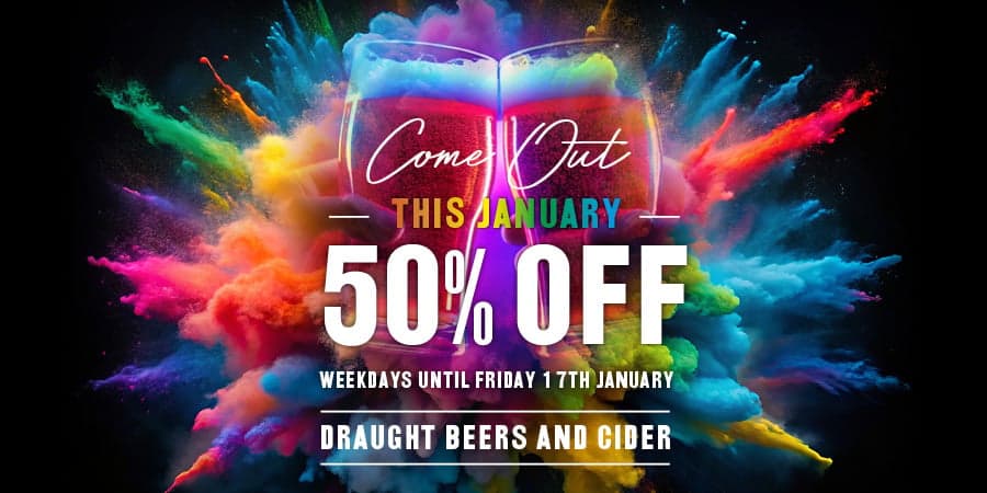 50% off draught beer and cider