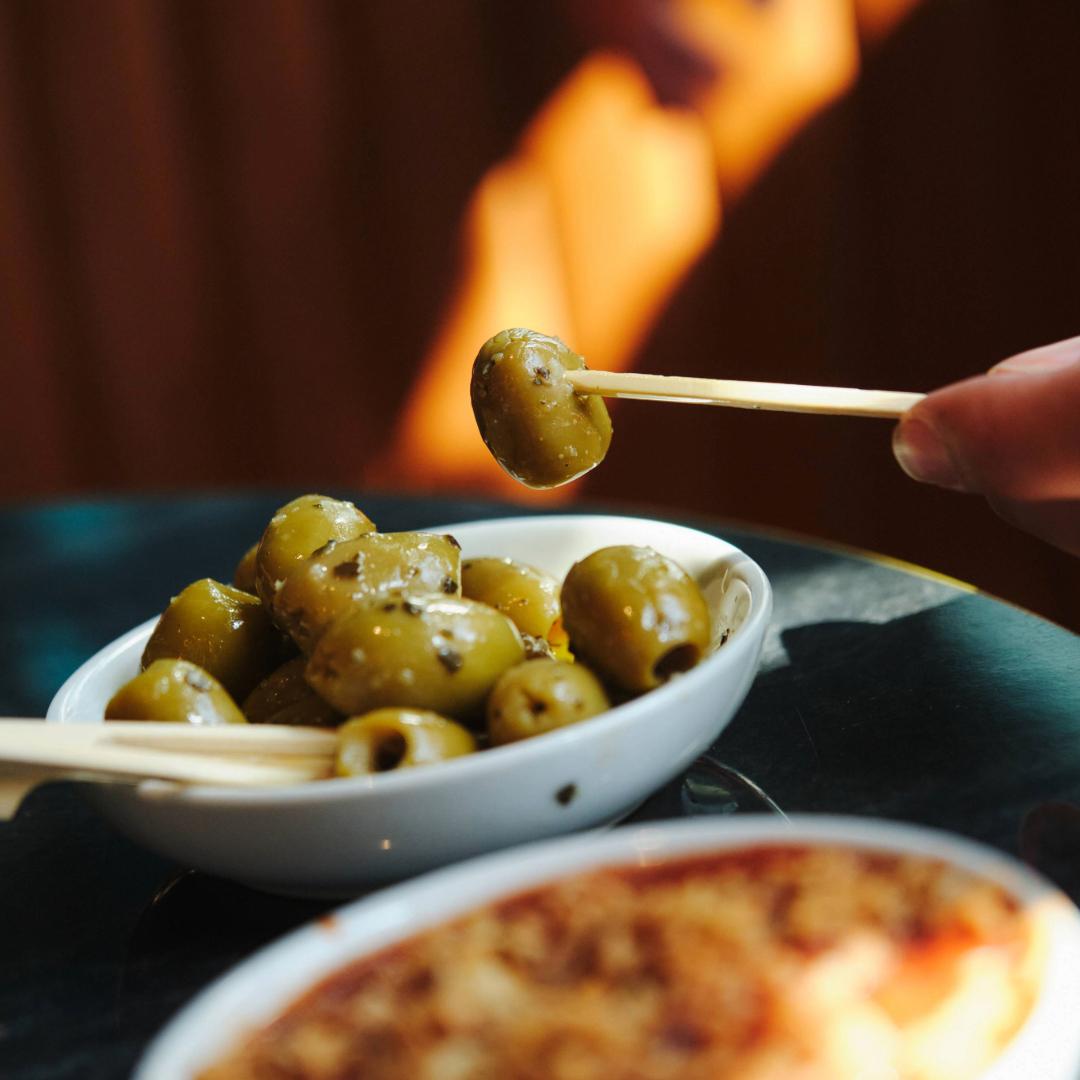 Basil & Garlic Green Olives at Be At One