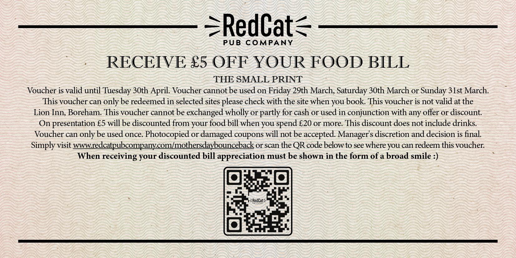 Receive £5 off food on your next visit