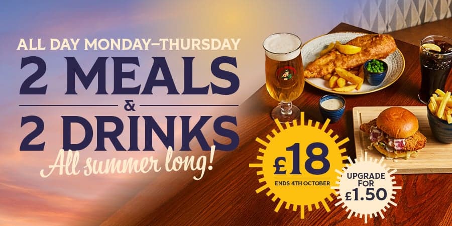 2 meals & 2 drinks for £18