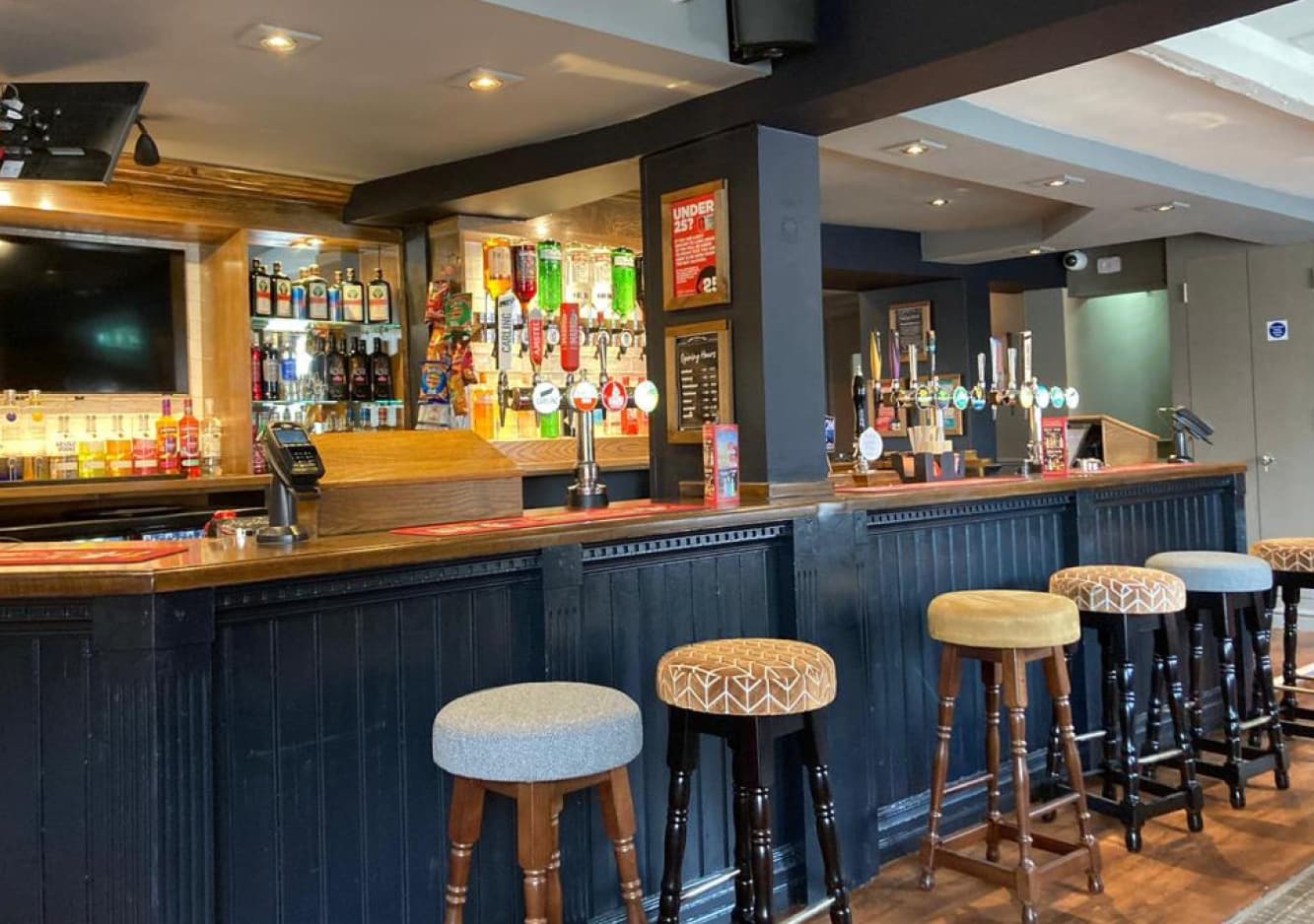 The high seating area at the bar of the Red Lion