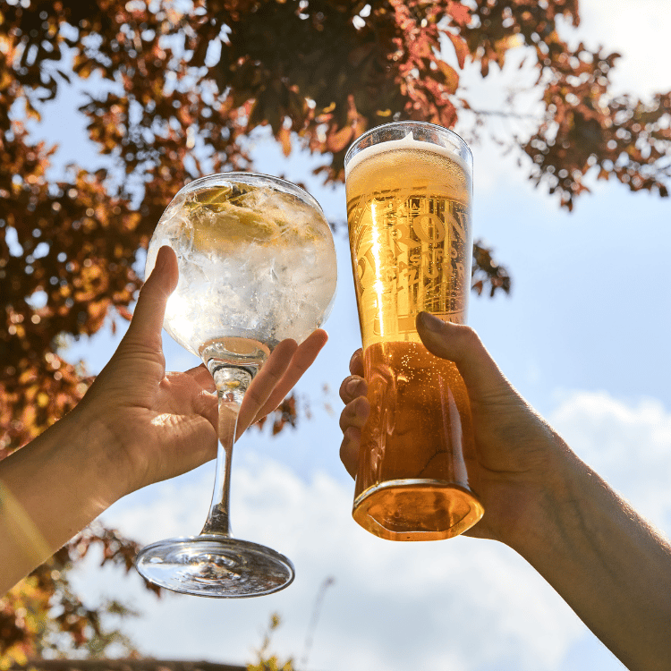 Pint and gin and tonic in beer garden
