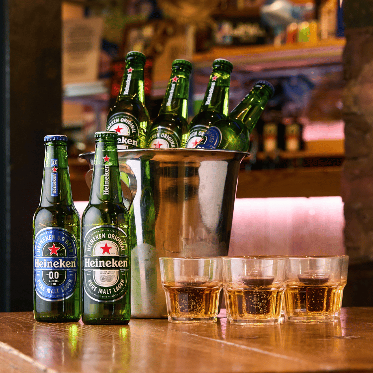 Bottle of Heineken and Jager Bombs
