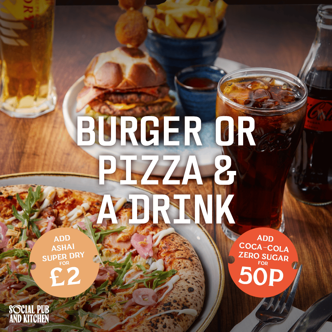 Burger and Pizza and drinks
