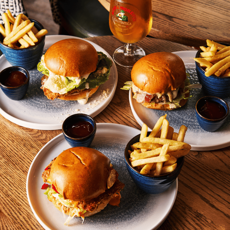 3 burgers and fries