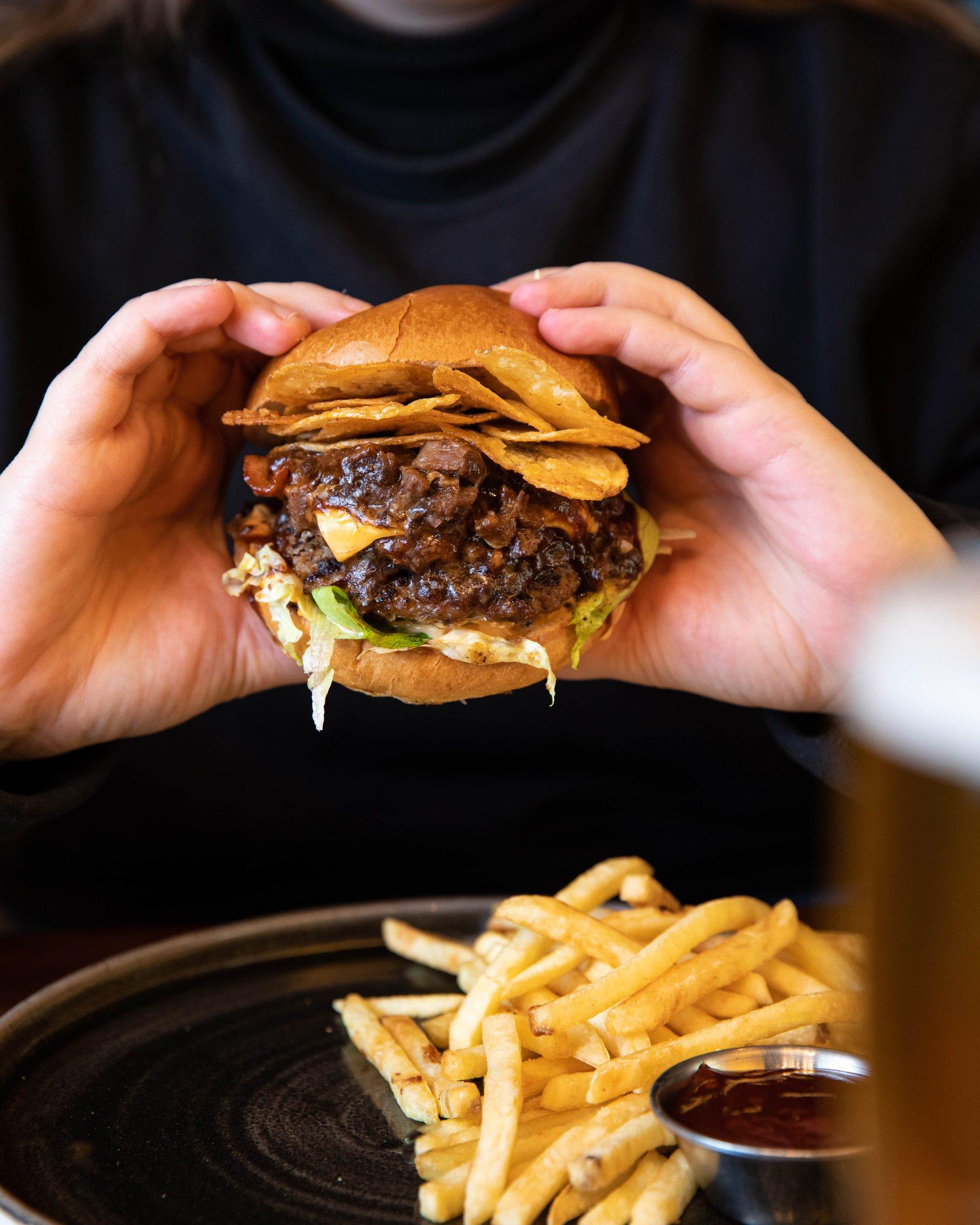 Beef & Ale burger with a side of fries