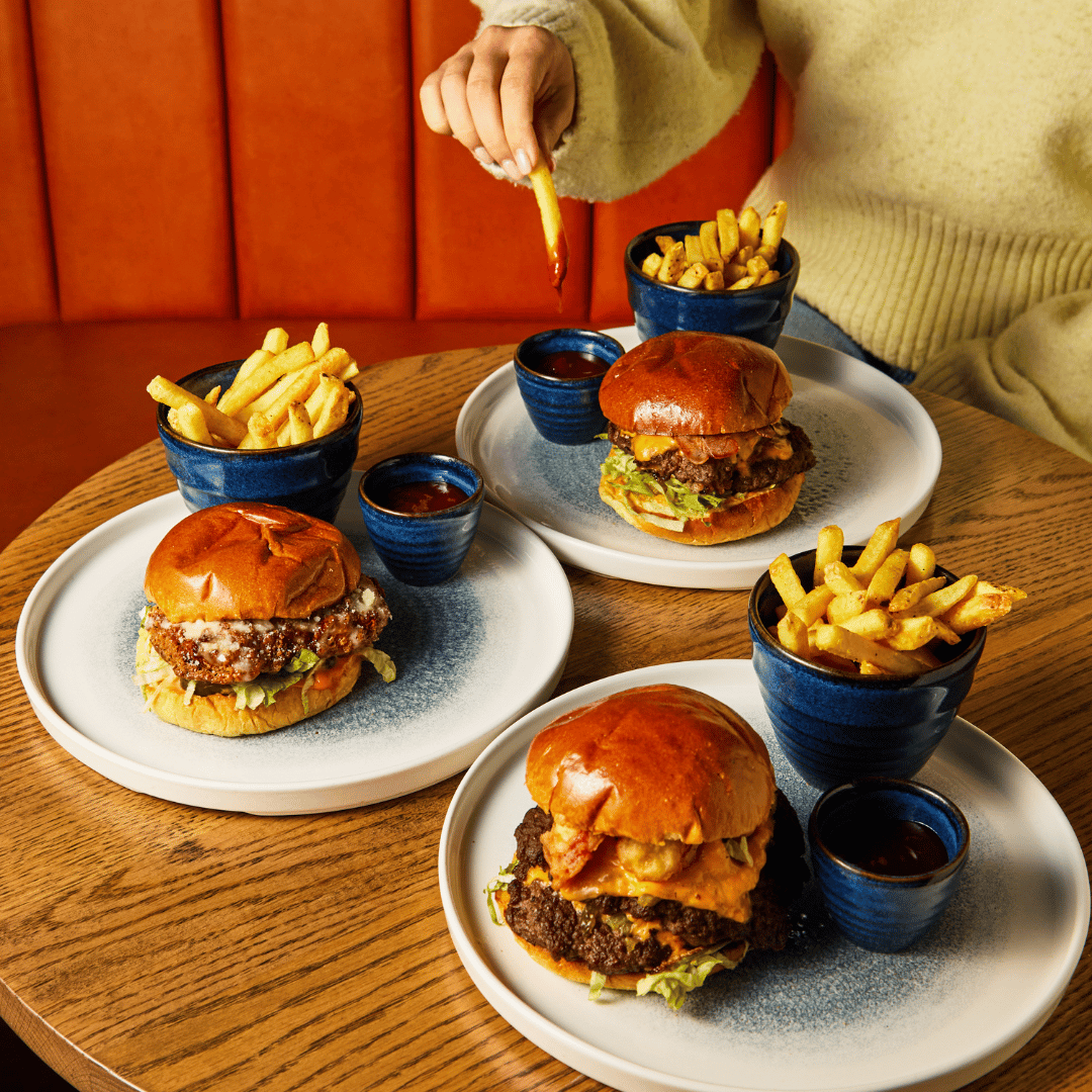 3 burgers and fries