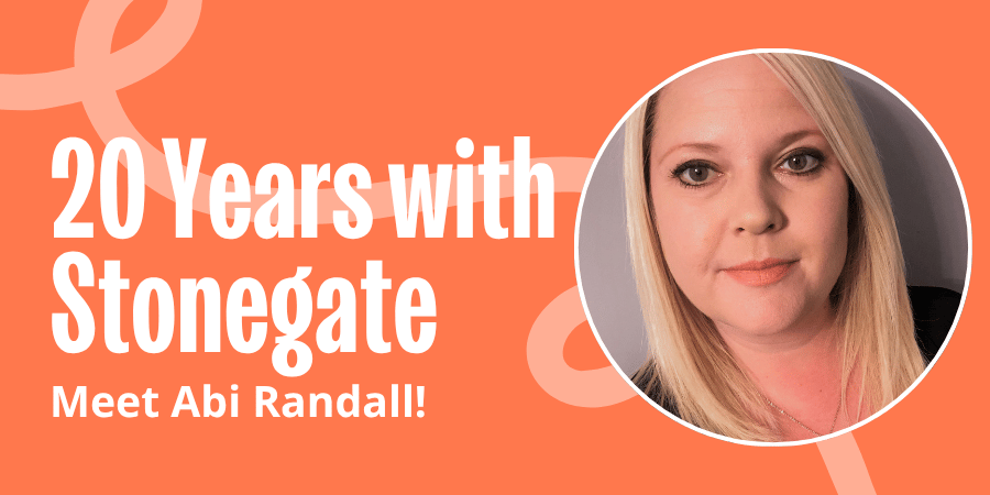 Image of Abi with the text reading: '20 Years with Stonegate Group'