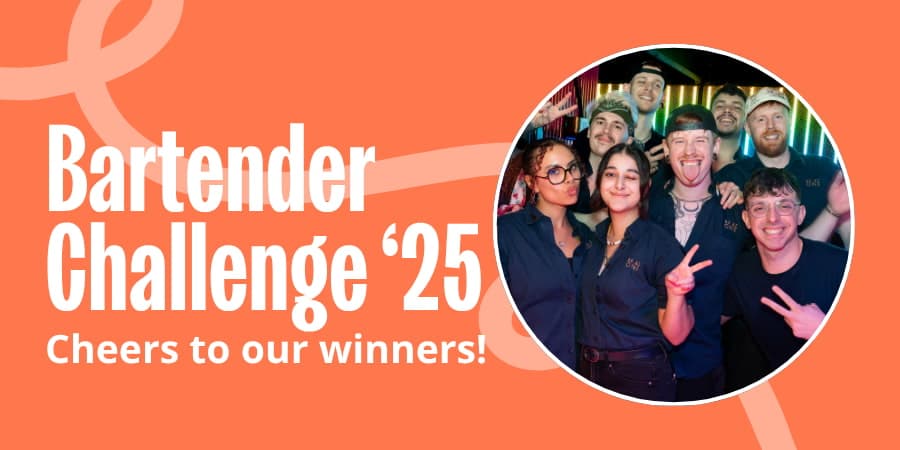 Orange background with image of bartenders smiling at the camera with text that reads 'Bartender Challenge'25 - Cheers to our winners!'
