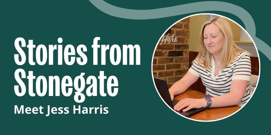 Image with woman sitting with computer, which text reading 'Stories from Stonegate, Meet Jess Harris'