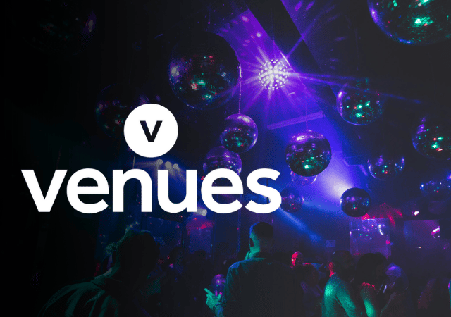 Image of disco balls above a dancefloor with the Venues logo overlaying the image.