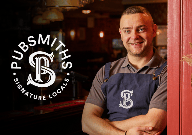 Pubsmiths logo overlayed onto image of a team member wearing an apron and smiling towards the camera