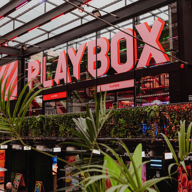 Exterior image of the Playbox building within Boxpark Croydon