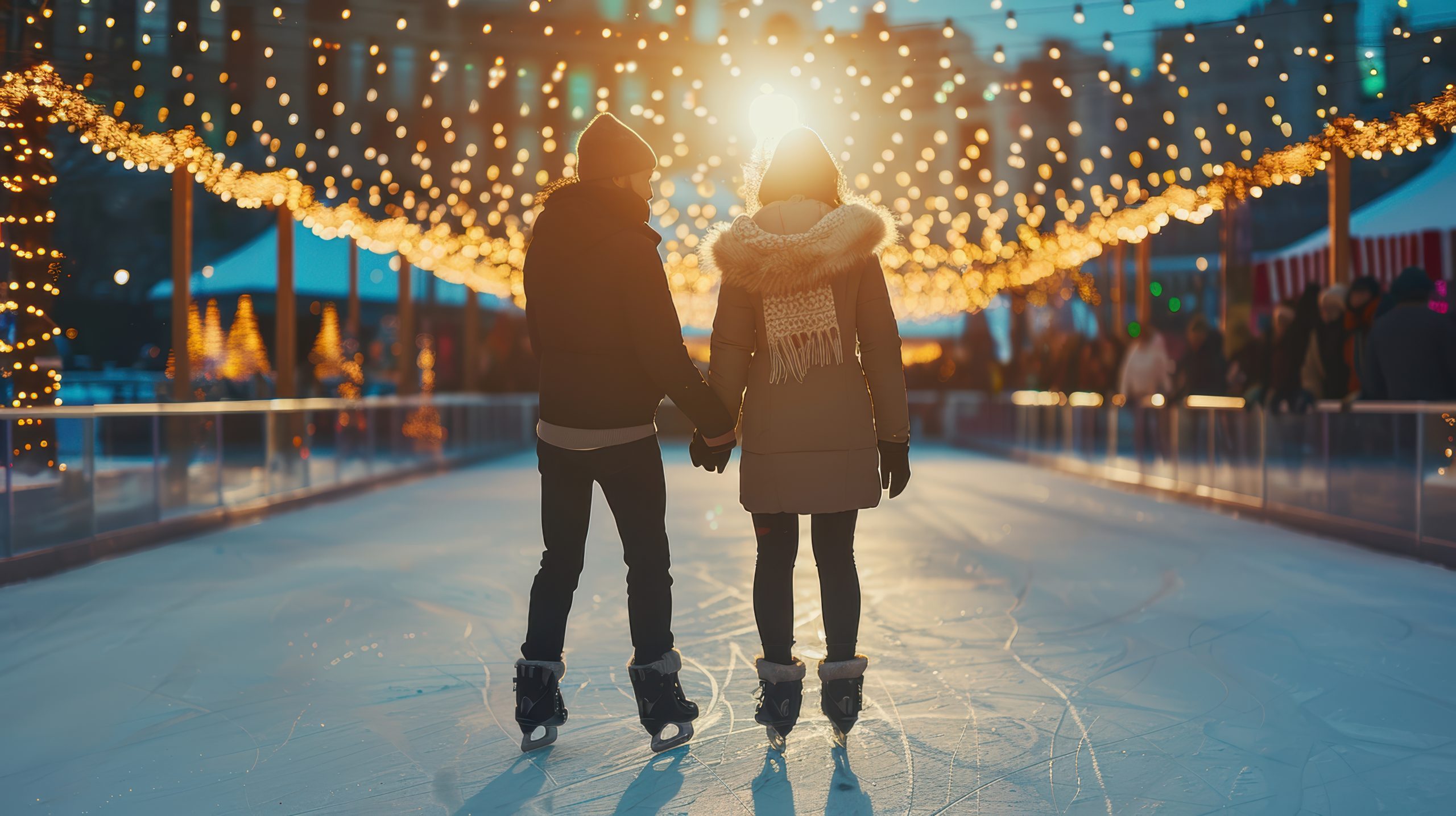 A couple ice skating at Boxpark Liverpool