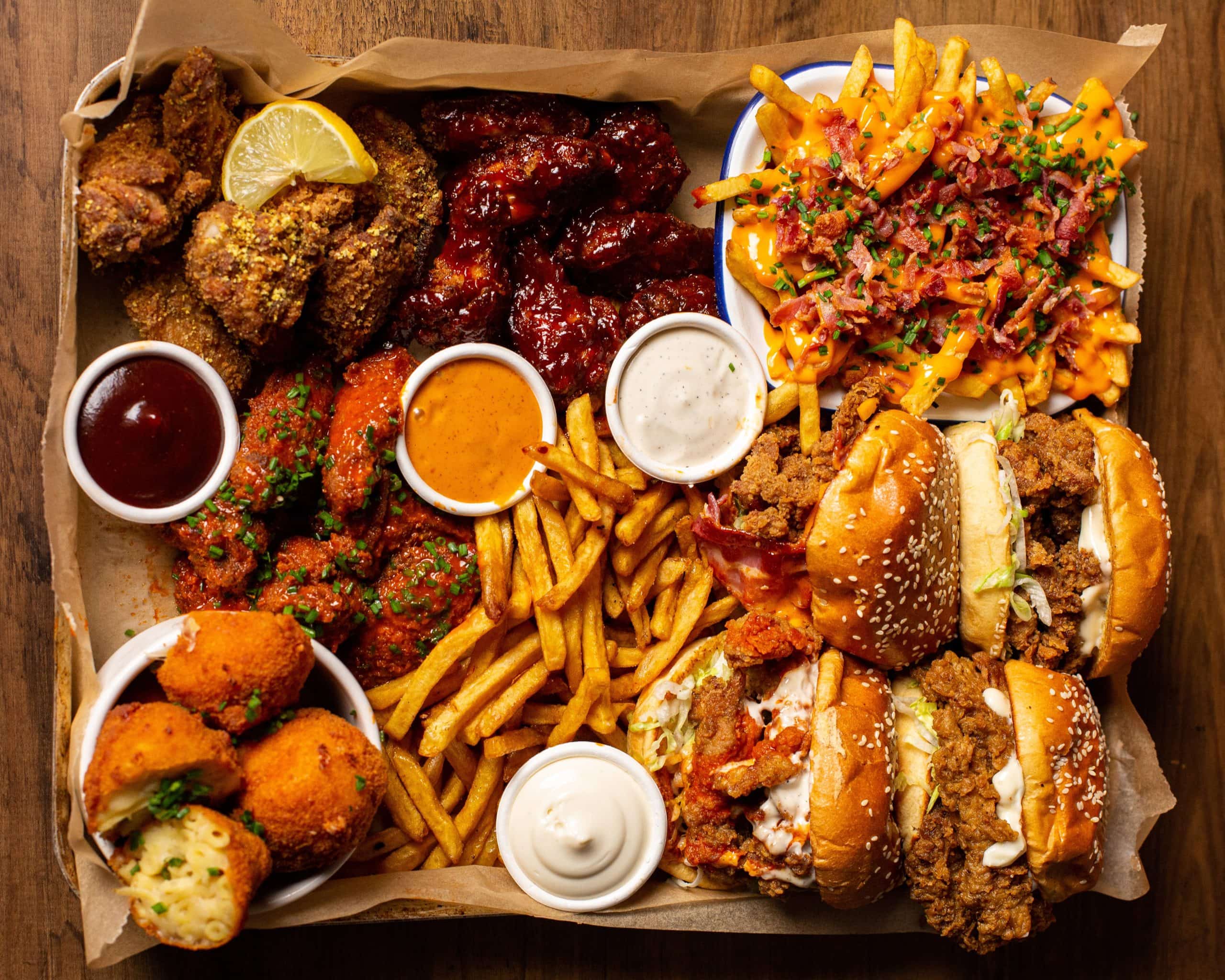 A food platter from Chicken Bandits at Boxpark Camden