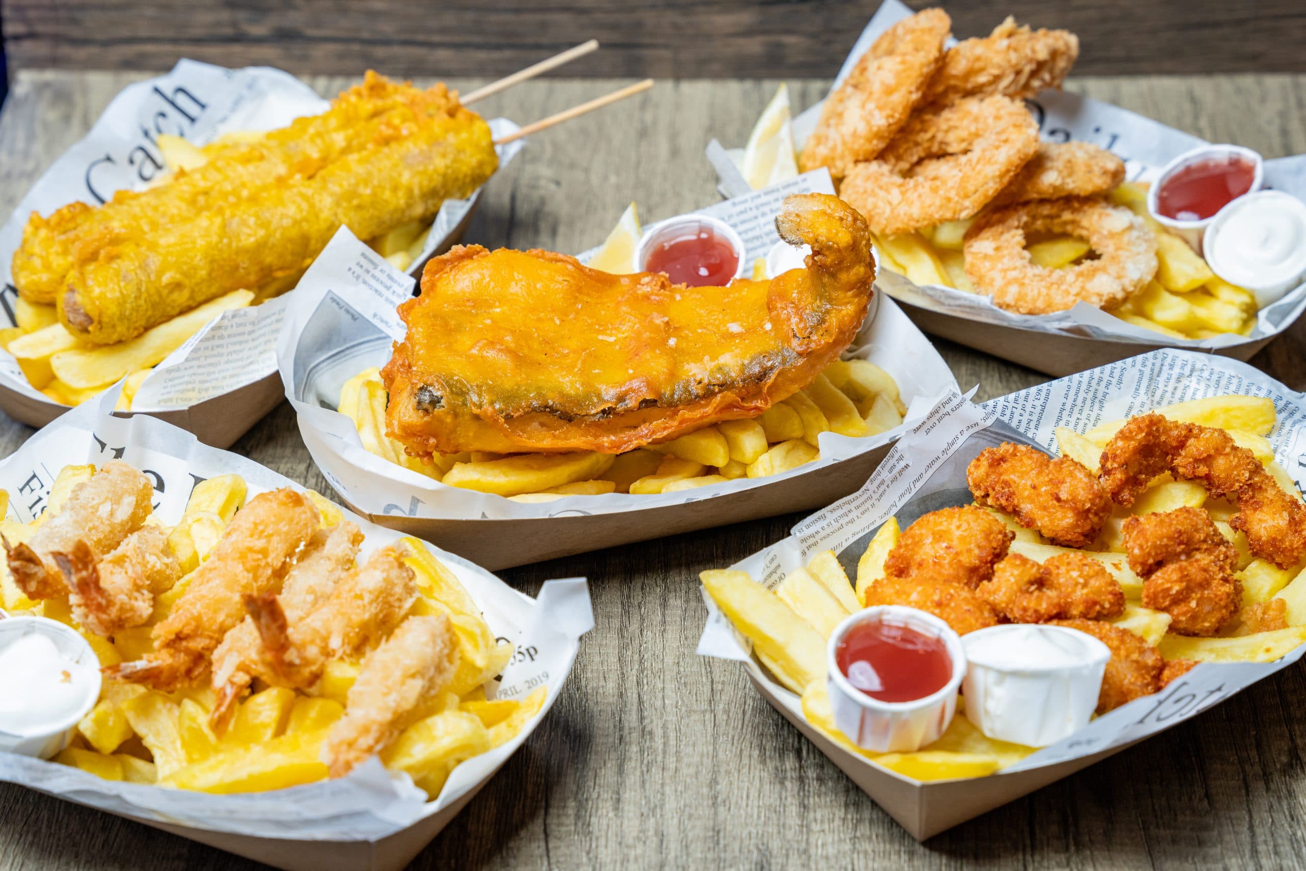 A fish and chip platter from Ocean Delight at Boxpark Camden