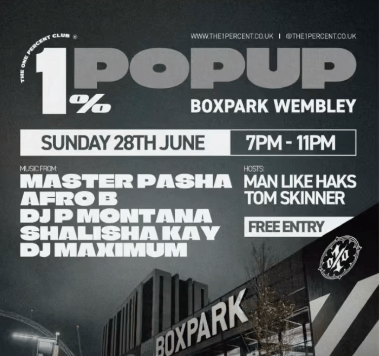 1% Pop Up at BOXPARK Wembley on Sunday 28th June