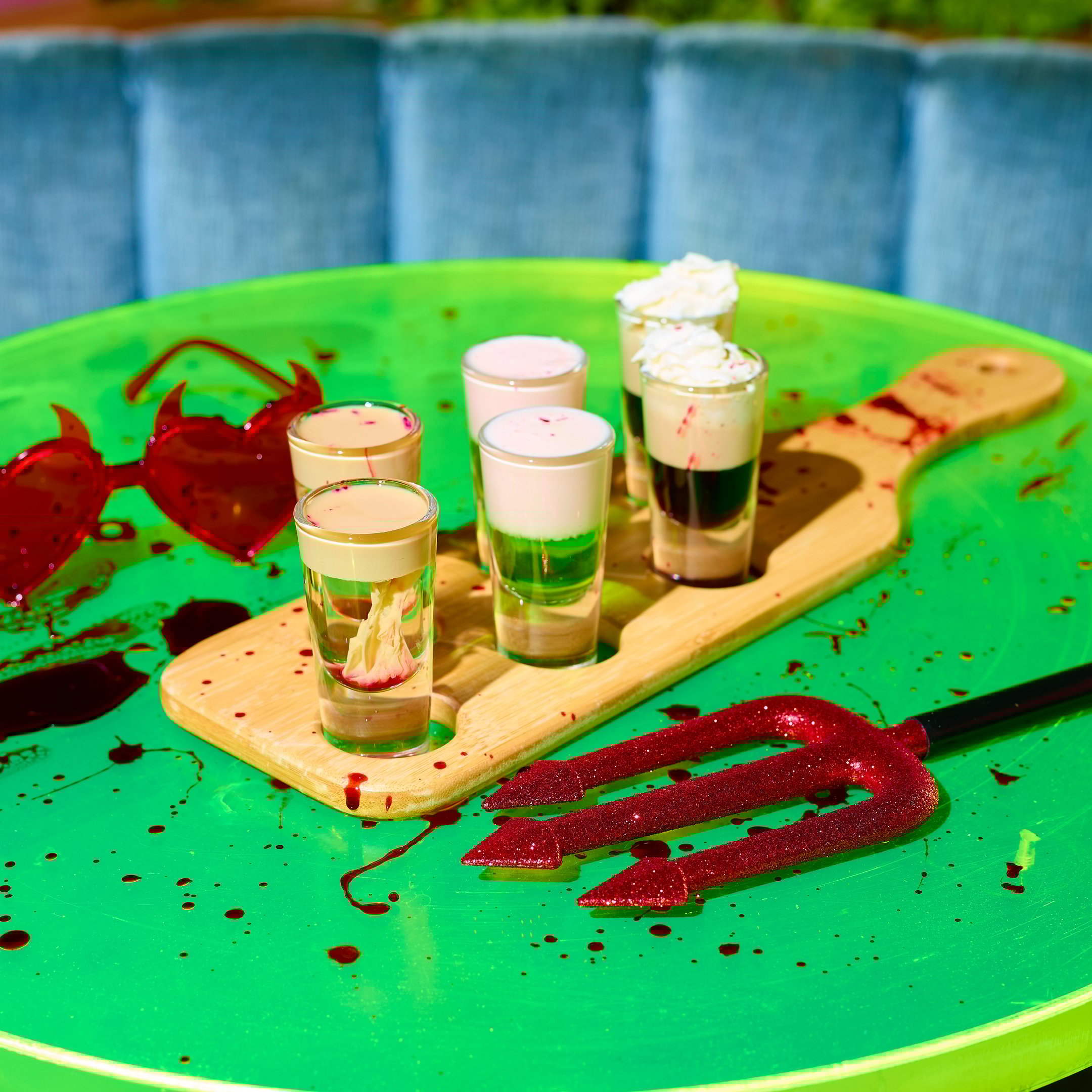 An image of a shot paddle with 6 halloween shots at Nikki's