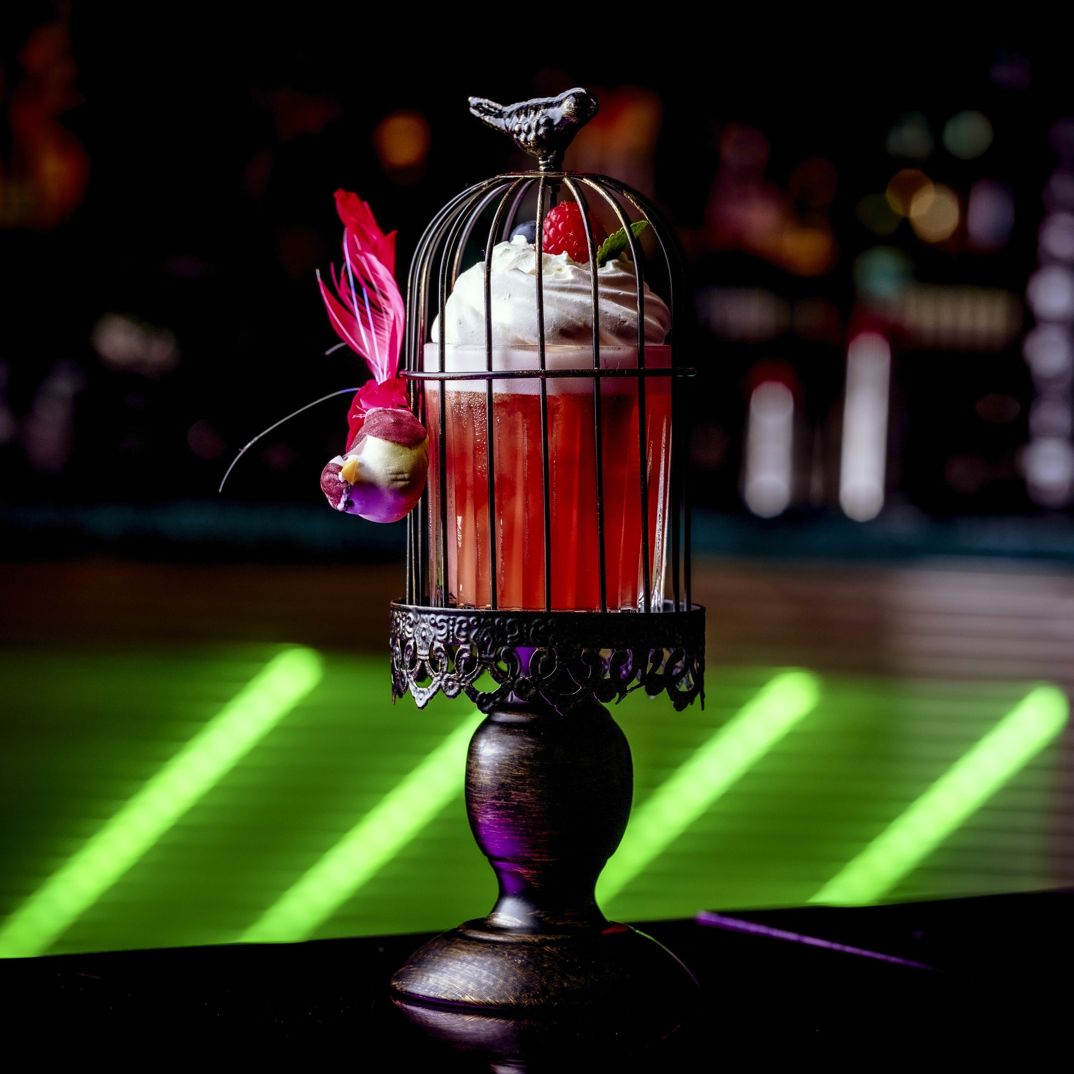 An image of a cocktail in a birdcage at Blame Gloria