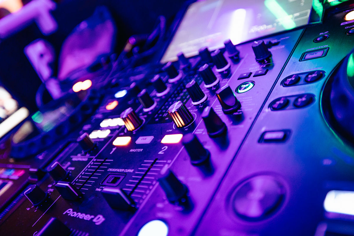 A close up image of DJ decks