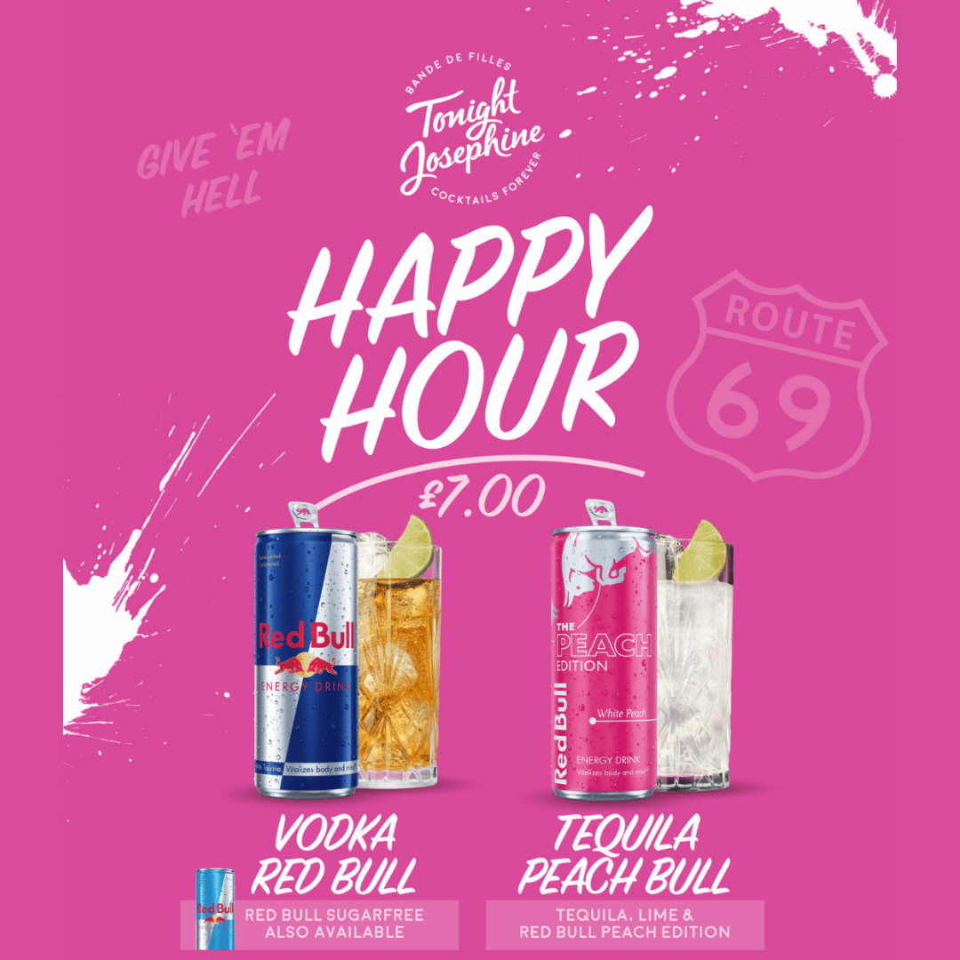 £7 Vodka Red Bull and Tequila Peach Bull at Tonight Josephine