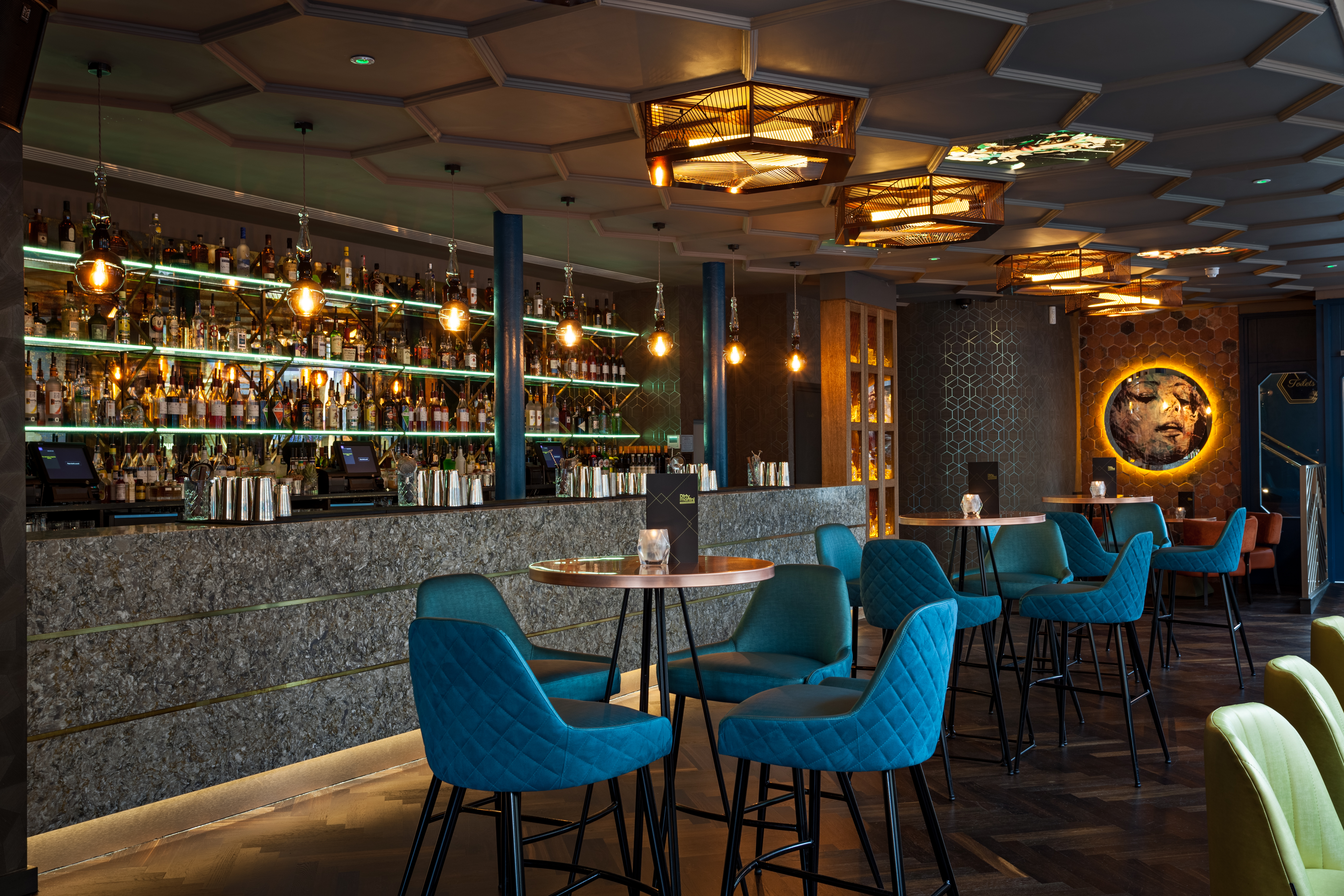 The bar and seating area on the ground floor of Dirty Martini in Manchester