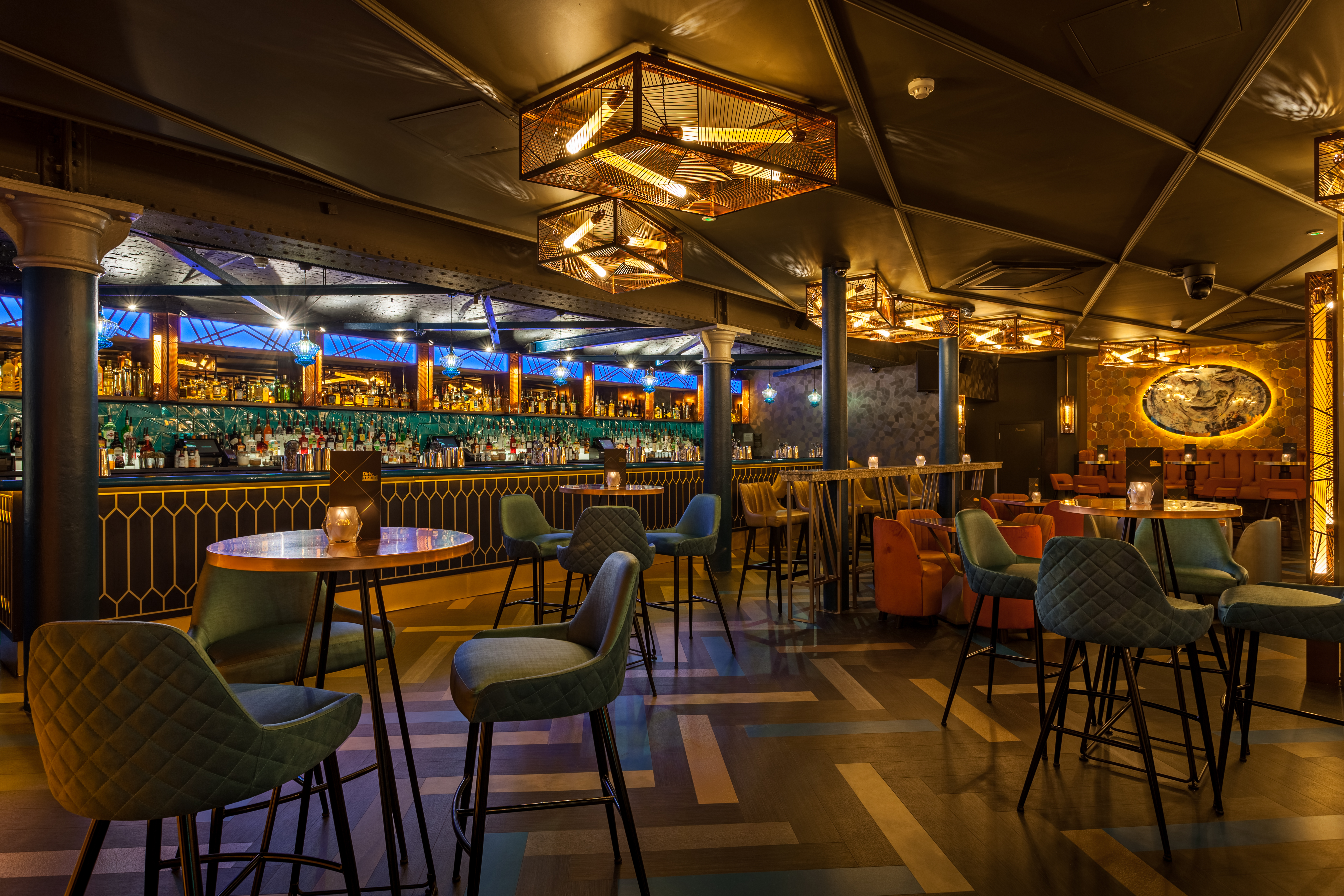 The bar and seating area of the Basement Bar in Dirty Martini in Manchester